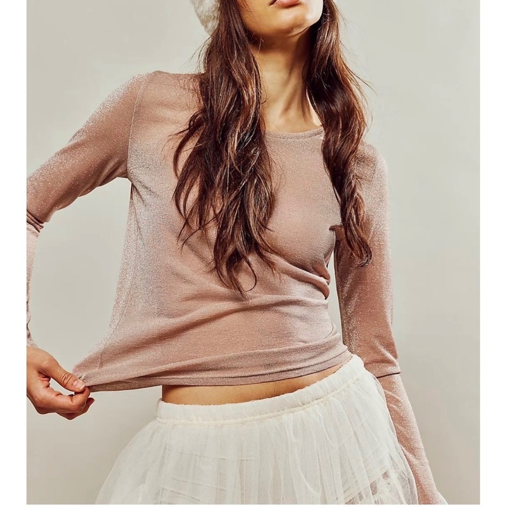 Free People Mesh So Well Top Womens XS Beige Shimmer Glitter Long Sleeve